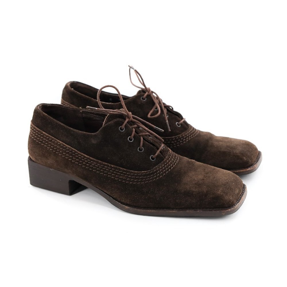 BALLY Valisa Retro 90s Square Toe Dark Brown Suede Lace-up Oxford Shoes